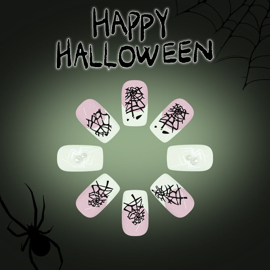 Spooky Charm Medium Square Pink and White Press on Nail Set with Spider Web Design