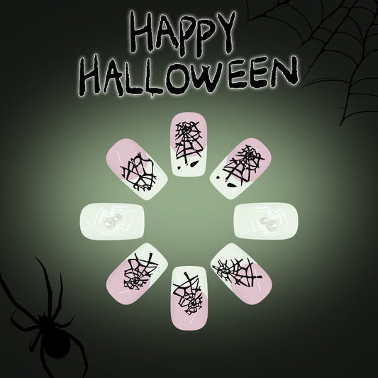 Spooky Charm Medium Square Pink and White Press on Nail Set with Spider Web Design