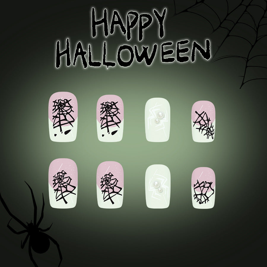 Spooky Elegance Medium Square Pink and Mint with Intricate Spiderweb Designs Press On Nail Set