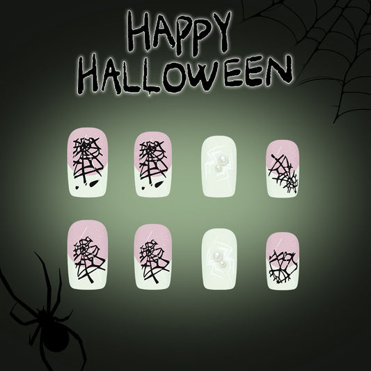 Spooky Elegance Medium Square Pink and Mint with Intricate Spiderweb Designs Press On Nail Set