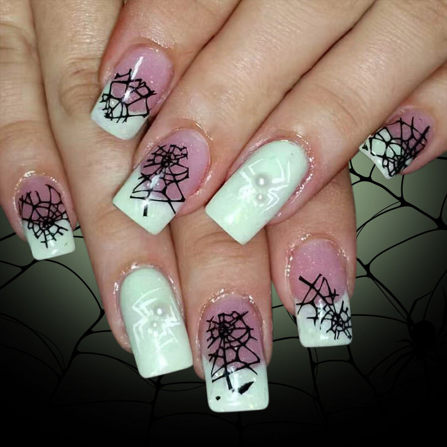 Spooky Elegance Medium Square Mint Green with Intricate Spiderweb Designs Press On Nail Set
