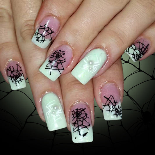 Spooky Elegance Medium Square Mint Green with Intricate Spiderweb Designs Press On Nail Set