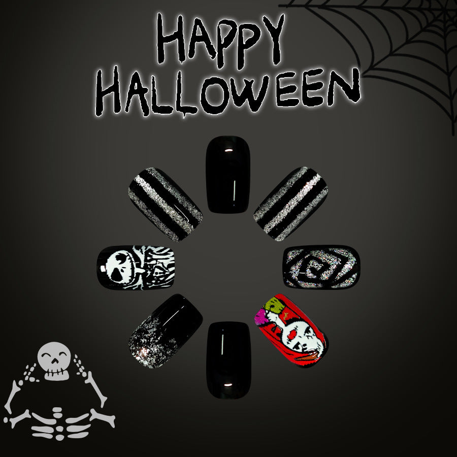 Spooktacular Medium Square Black and Silver Press on Nail Set with Halloween Themed Designs