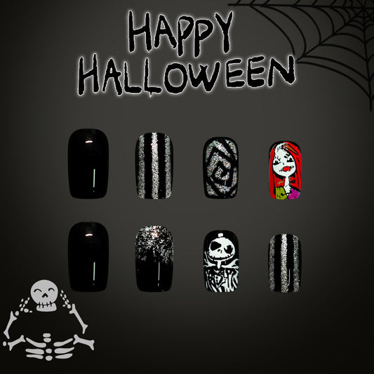 Spooky Vibes Medium Square Black Press On Nail Set with Glitter and Character Designs