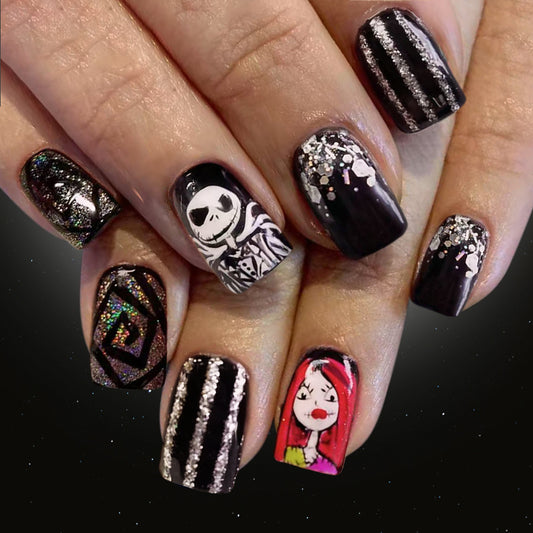 Spooky Glam Medium Square Black Press On Nail Set with Glitter and Unique Character Designs