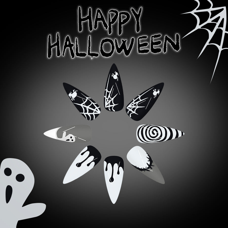 Spooky Halloween Long Almond Black and White Nail Set with Unique Creepy Designs