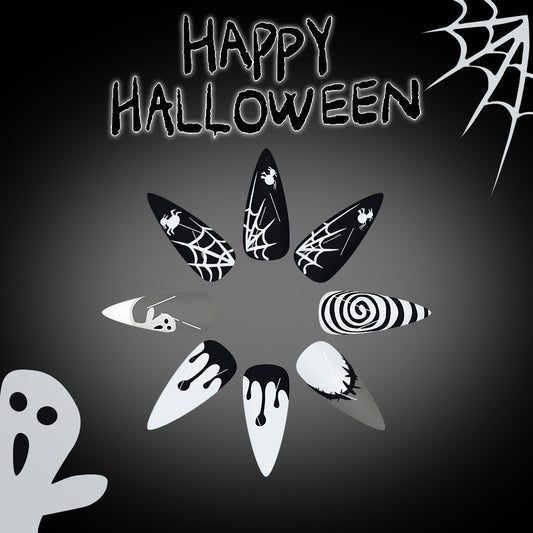 Spooky Halloween Long Almond Black and White Nail Set with Unique Creepy Designs