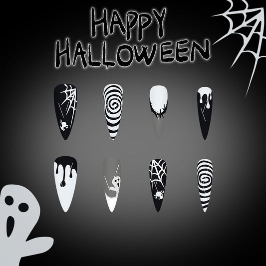 Spooky Celebration Long Stiletto Black and White with Creepy Halloween Designs Press On Nail Set