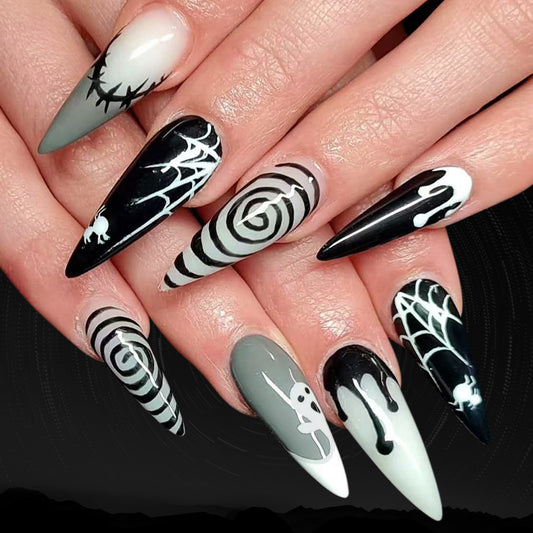 Spooky Elegance Long Stiletto Gray and Black Press On Nail Set with Intricate Haunted Designs