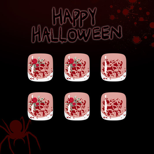 Spooktacular Short Square Crimson Floral Accent Press On Toenail Set