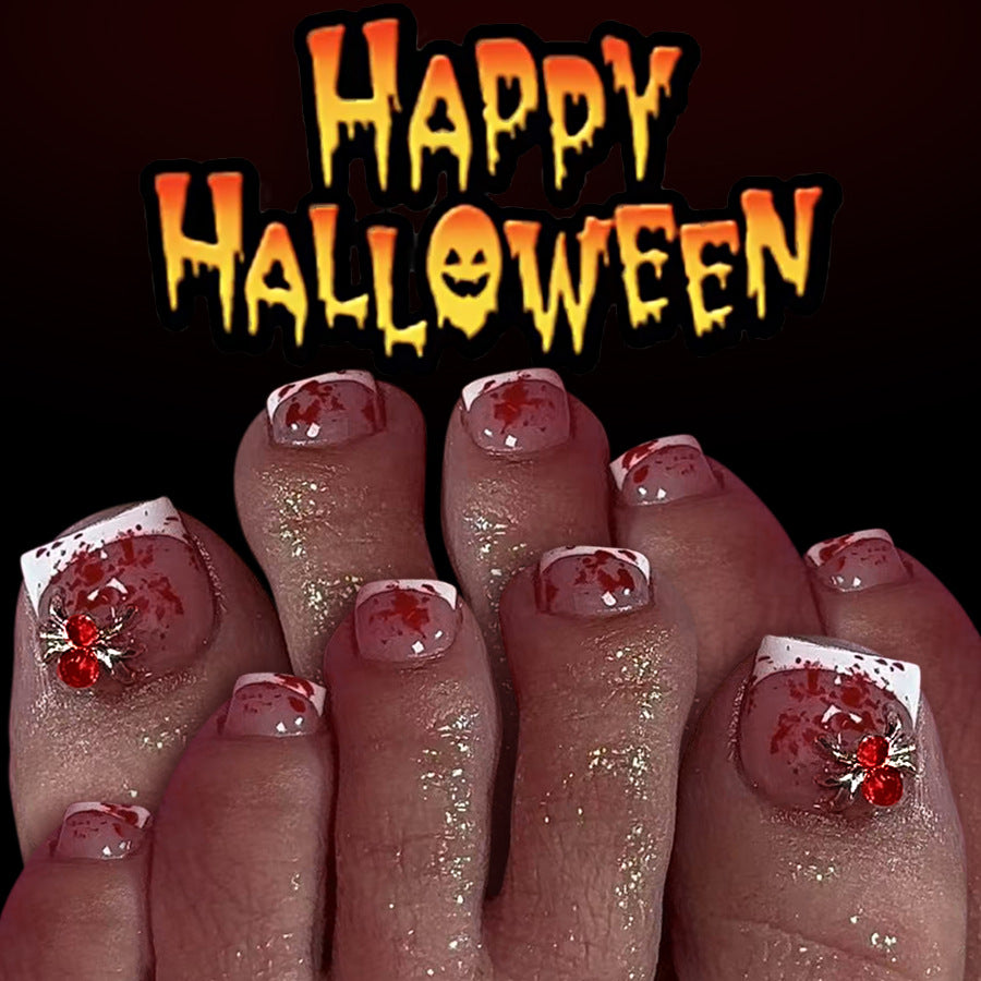Spooky Celebration Short Square Red and White Press On Toenail Set with Glittering Spider Accent