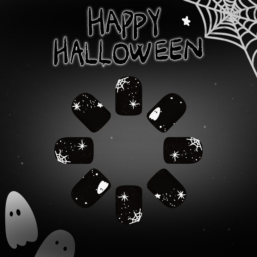Spooky Night Black Short Square Nail Set with Ghost and Spider Web Art