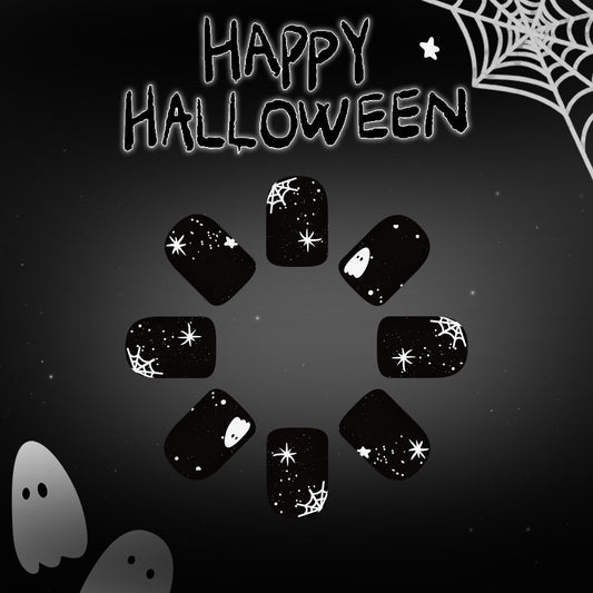 Spooky Night Black Short Square Nail Set with Ghost and Spider Web Art