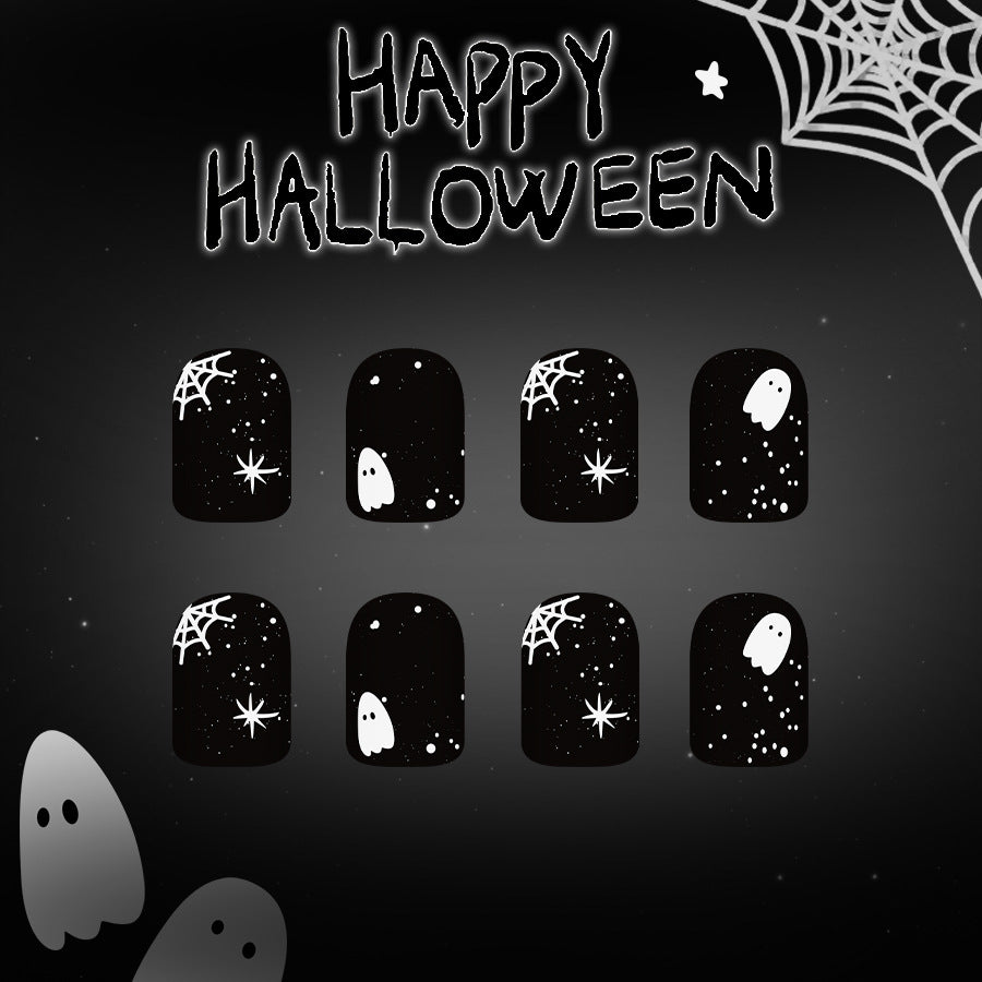 Spooky Elegance Short Square Black Press On Nail Set with Ghost and Spider Web Design