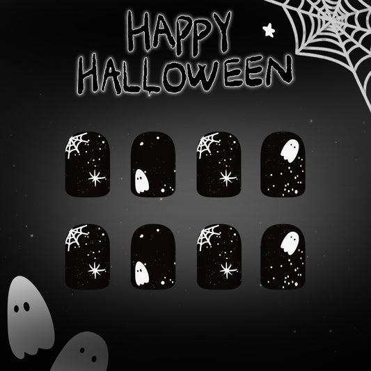 Spooky Elegance Short Square Black Press On Nail Set with Ghost and Spider Web Design