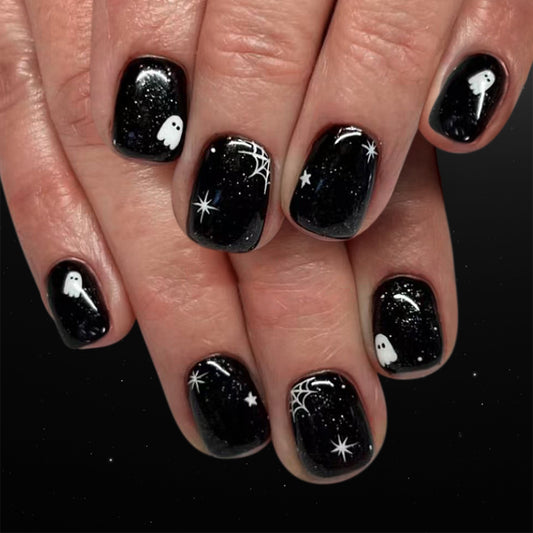 Spooktacular Short Square Black Nail Set with Ghost and Spider Web Designs