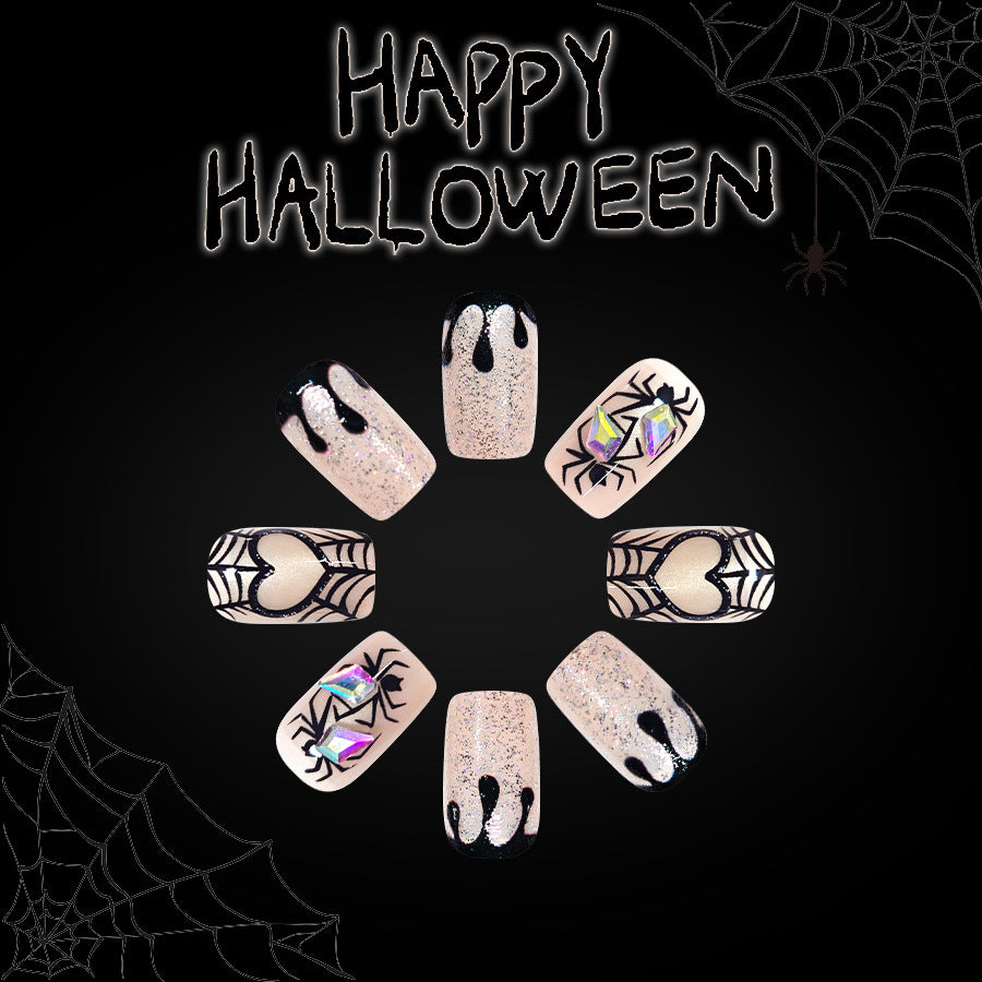 Spooky Celebration Medium Square Black and Glittery Featuring Spider and Heart Designs Press On Nail Set