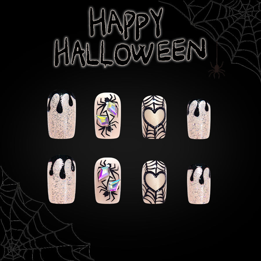 Spooky Vibes Medium Square Black and Glitter Press on Nail Set with Colorful Gem Accents