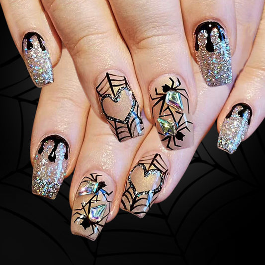 Spooky Elegance Medium Square Clear Glitter with Spider Webs and Crystal Accents Press On Nail Set