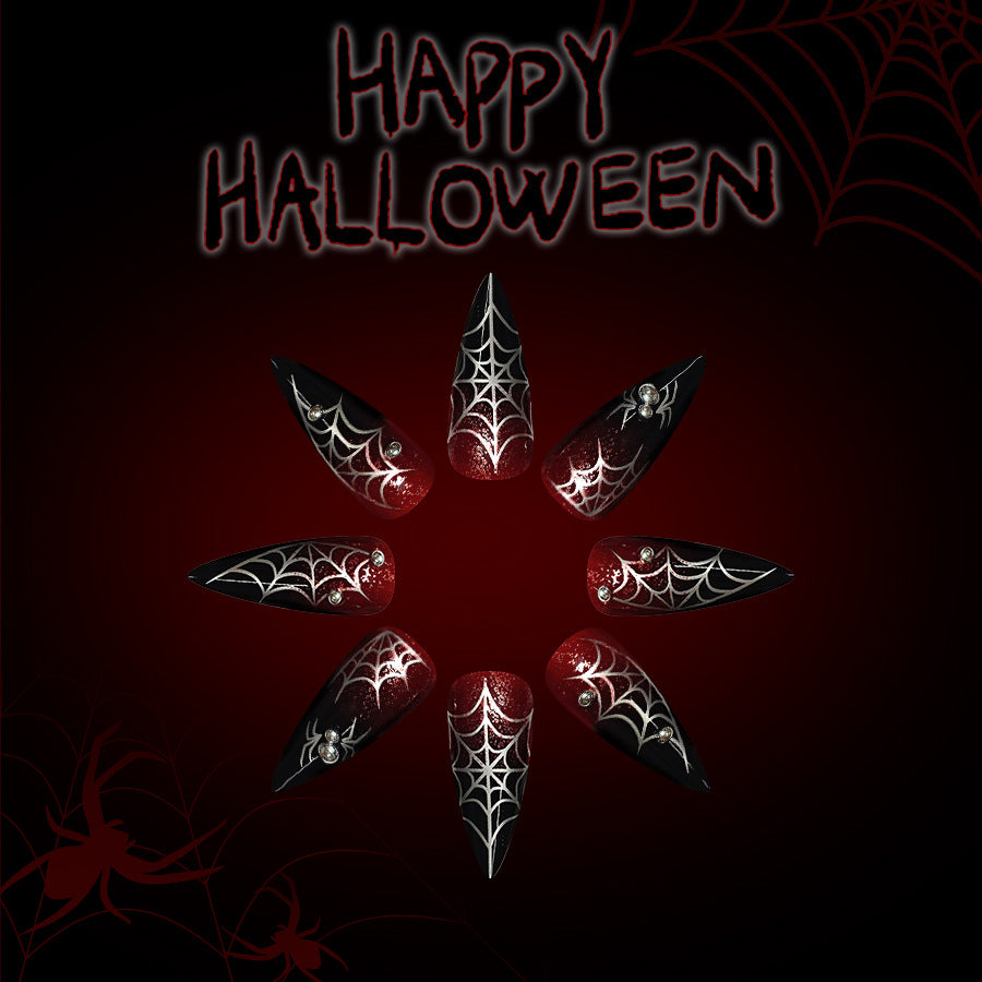 Spooky Halloween Extra Long Stiletto Black and Deep Red with Spider Web Artistry Press-On Nail Set
