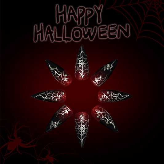 Spooky Halloween Extra Long Stiletto Black and Deep Red with Spider Web Artistry Press-On Nail Set