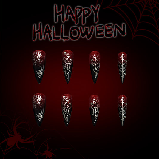 Spooky Elegance Long Stiletto Deep Red and Black Nail Set with Glamorous Spider Web Design