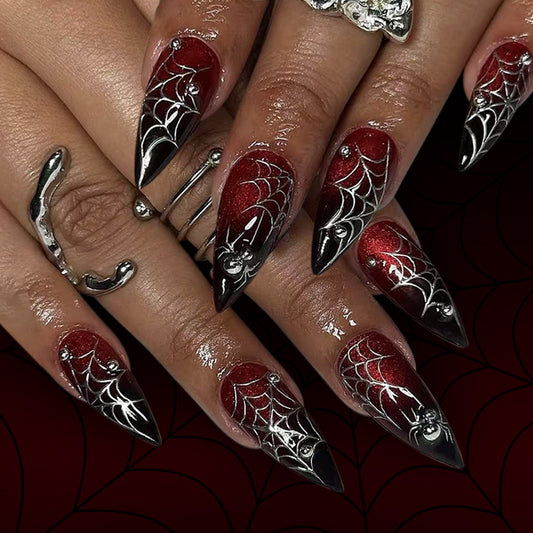 Spooky Elegance Long Stiletto Burgundy and Black Press On Nails with Intricate Spider Web Design