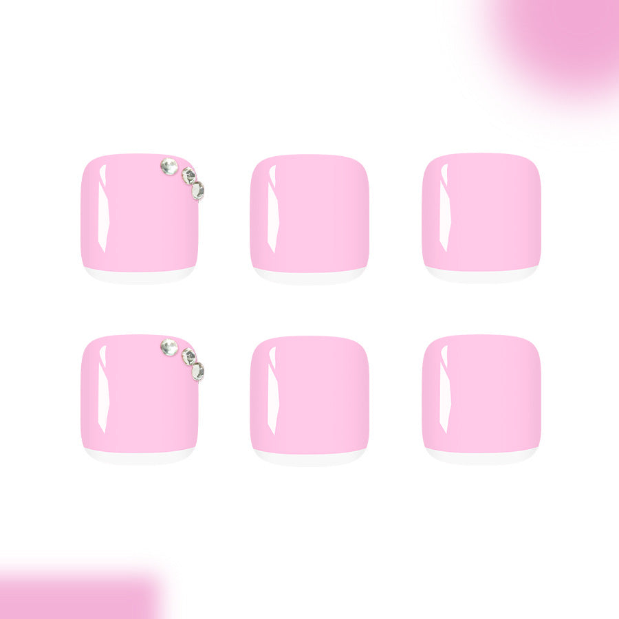 Glimmering Blossom Short Square Pink Toenails with Elegant Rhinestone Accents