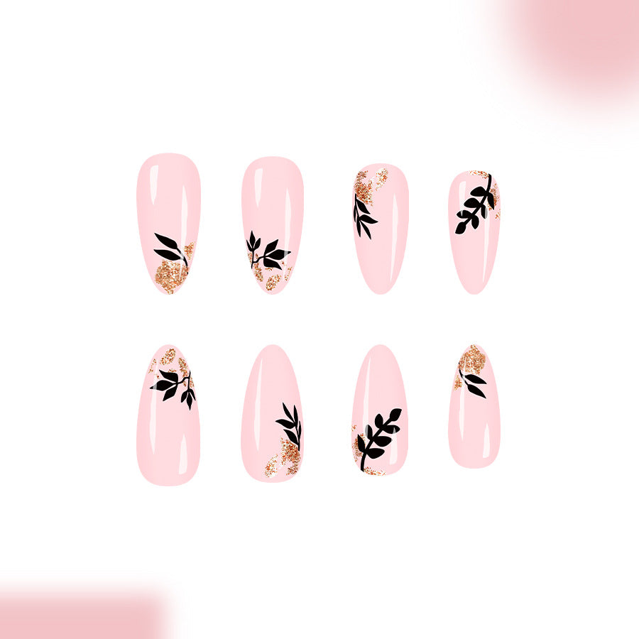 Floral Elegance Long Almond Pink Press On Nail Set with Glitter and Leaf Design