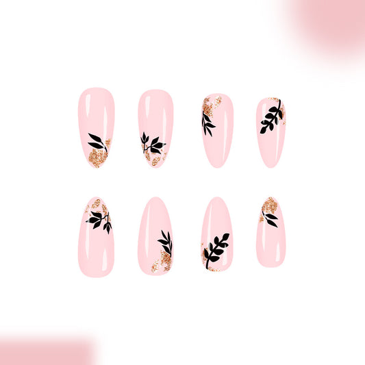 Floral Elegance Long Almond Pink Press On Nail Set with Glitter and Leaf Design