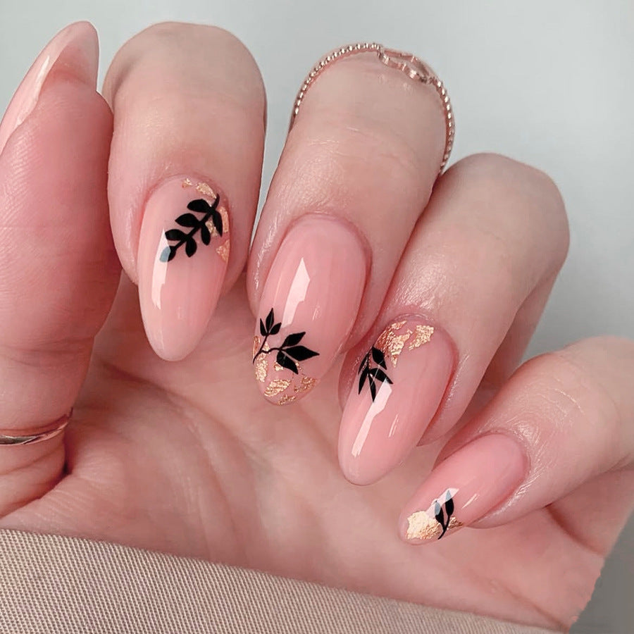 Botanical Bliss Elegant Long Almond Shaped Soft Pink Press On Nail Set with Chic Leaf Accents