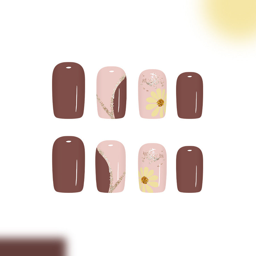Floral Elegance Long Square Brown and Pink with Glittery Accents and Daisy Design Press on Nail Set