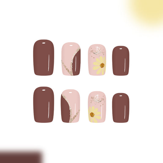 Floral Elegance Long Square Brown and Pink with Glittery Accents and Daisy Design Press on Nail Set