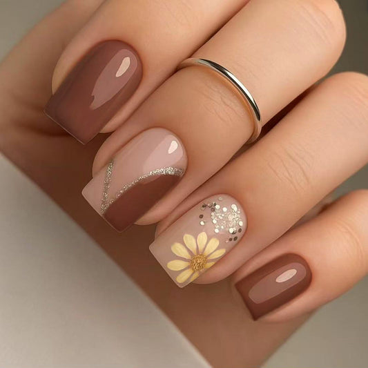 Whimsical Garden Inspired Long Square Beige Brown Press On Nail Set with Elegant Floral Accents
