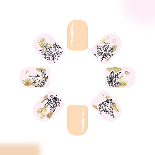 Autumn Bliss Medium Square Press-On Nail Set in Soft Pink with Elegant Leaf Designs and Glitter Accents