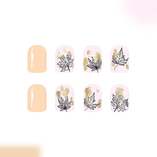 Autumn Elegance Glossy Medium Square Beige with Gold Leaf Accents Press-On Nail Set