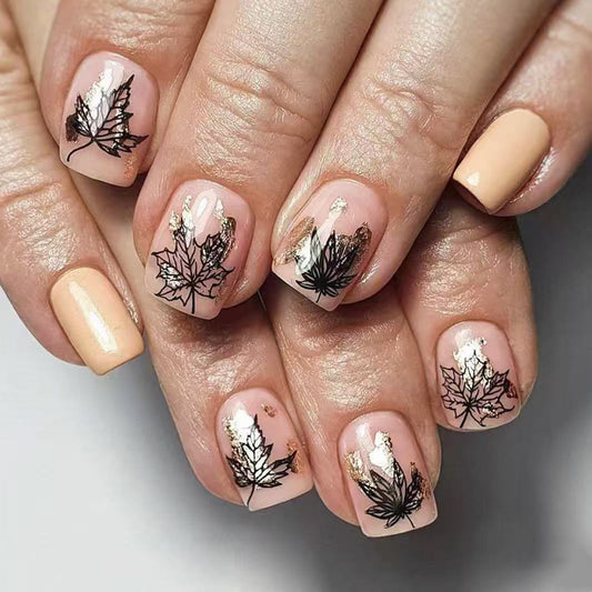 Autumn Elegance Medium Square Shape Beige and Peach Press On Nail Set with Metallic Leaf Accents