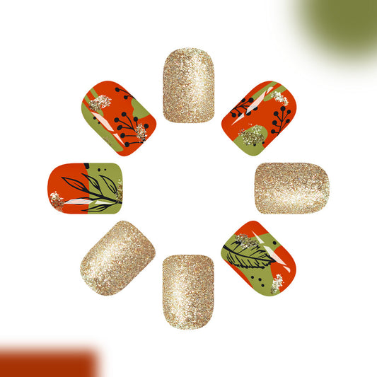 Autumn Vibes Short Square Orange Green and Glittering Artistic Press On Nail Set