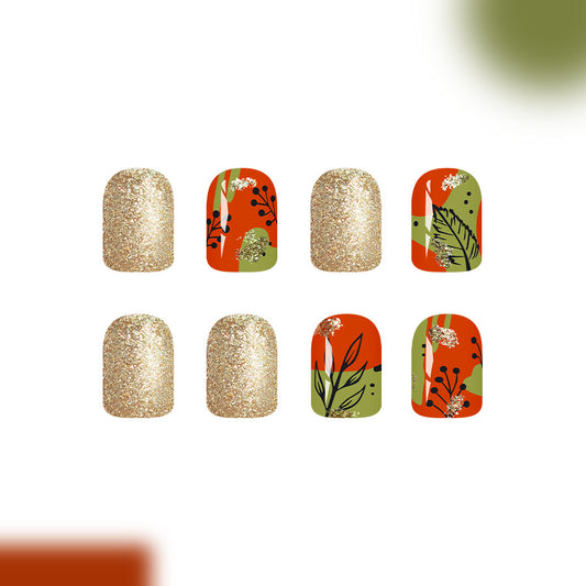 Autumn Bloom Collection Short Square Red and Green Floral with Sparkling Gold Accent Press-On Nail Set