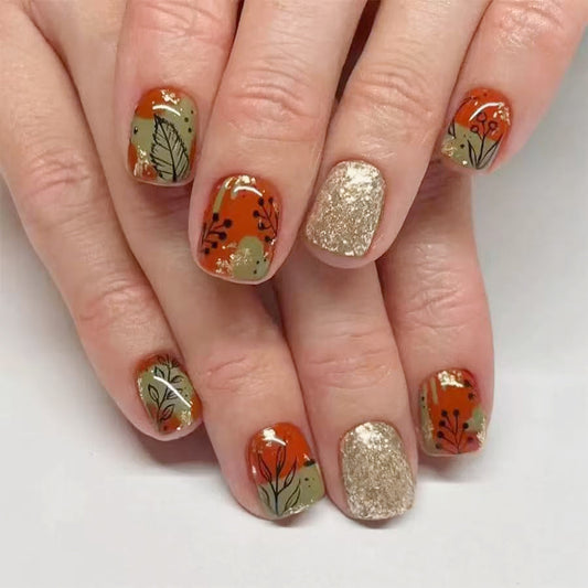 Autumn Garden Short Square Rust and Olive Nail Set with Glittering Accent