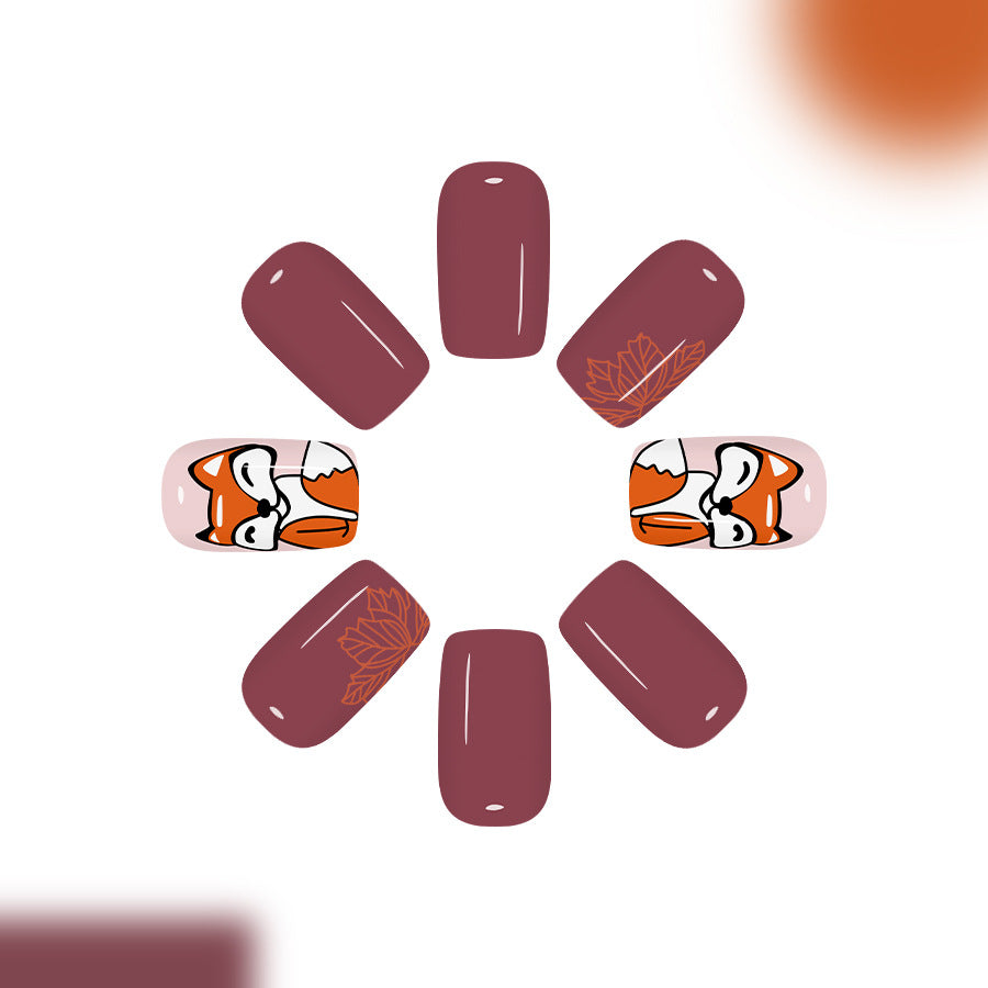 Autumn Whisper Medium Square Rust Red Nail Set Featuring Playful Fox Design