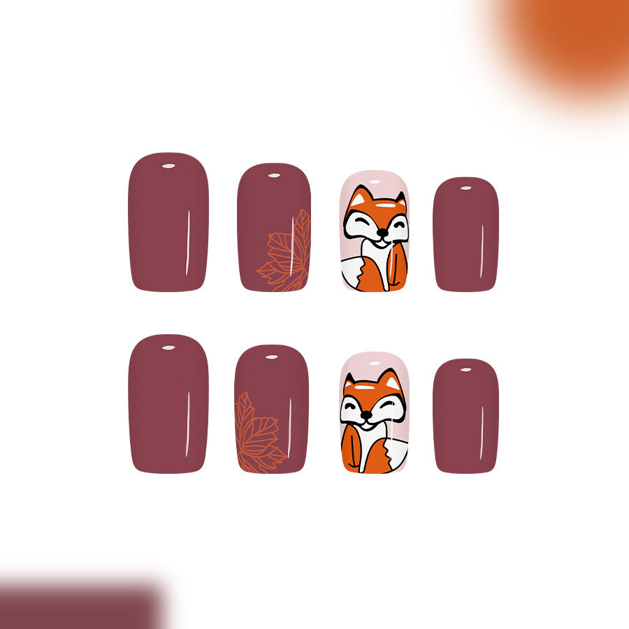 Autumn Charm Medium Square Burgundy Nail Set with Adorable Fox Design