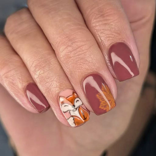 Autumn Whimsy Medium Square Burgundy Press On Nail Set with Charming Fox Accent