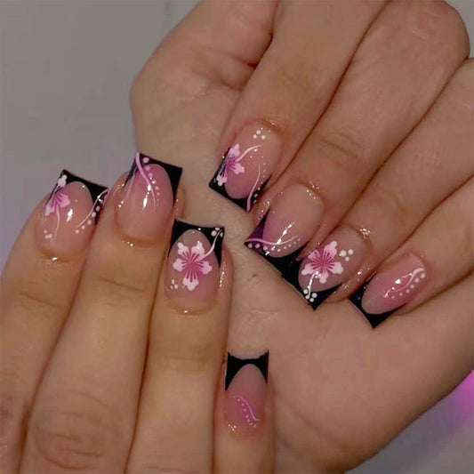 Blossom Fantasy Short Square Pink and Black Floral Design Press on Nail Set