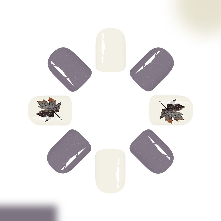 Autumn Elegance Short Square Press On Nail Set in Deep Purple and Cream with Real Leaf Design