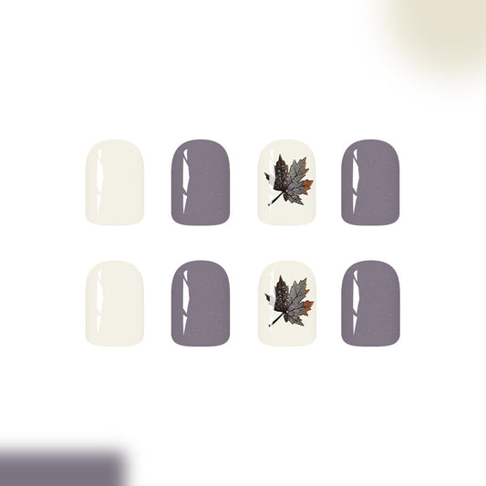 Autumn Elegance Short Square Beige and Purple Set with Leaf Design Press On Nails