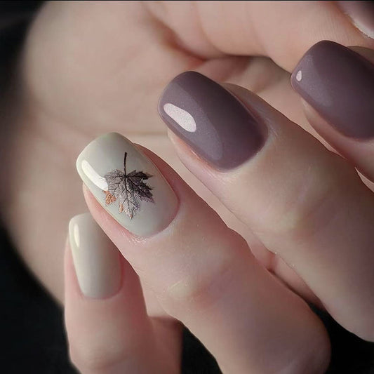 Autumn Elegance Square Short Lavender and Sage Press On Nail Set with Delicate Leaf Design