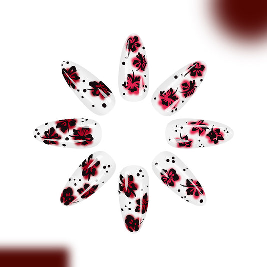 Tropical Floral Elegance Long Almond White with Bold Red and Black Flower Accents Press On Nail Set