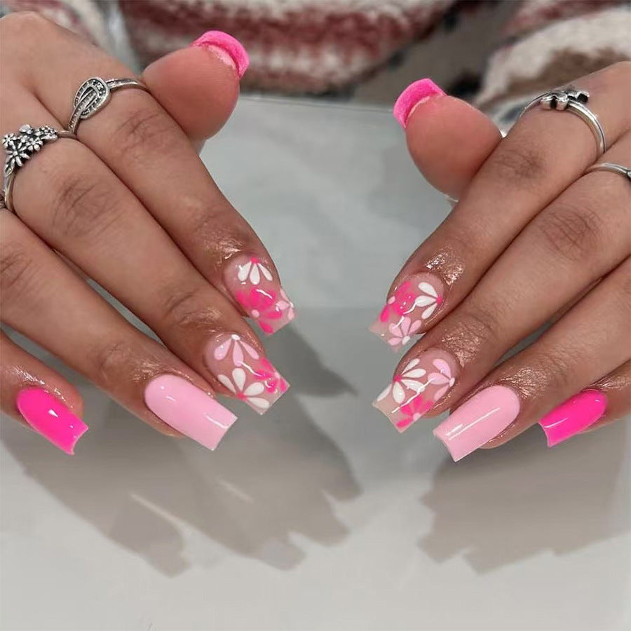 Floral Fantasy Medium Square Pink Ombre with Elegant Flower Design Press On Nail Set