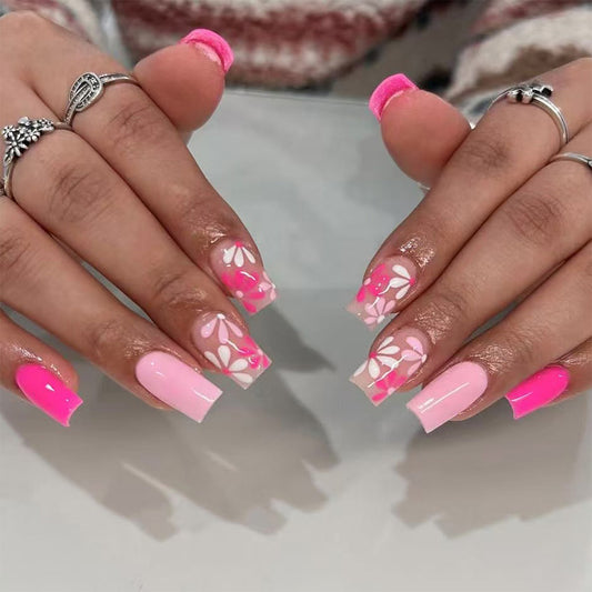 Floral Fantasy Medium Square Pink Ombre with Elegant Flower Design Press On Nail Set
